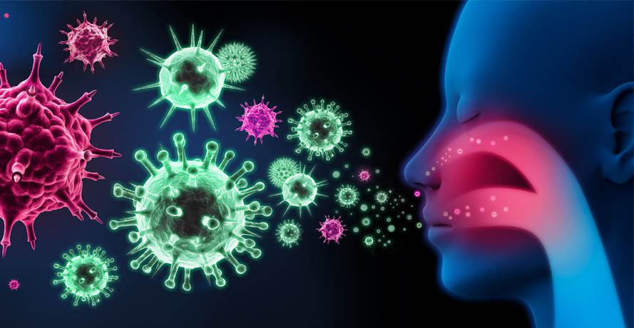 an illustration of a person breathing out viruses
