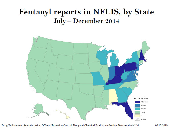 Fentanyl reports in NFLIS, by State: July - December 2014