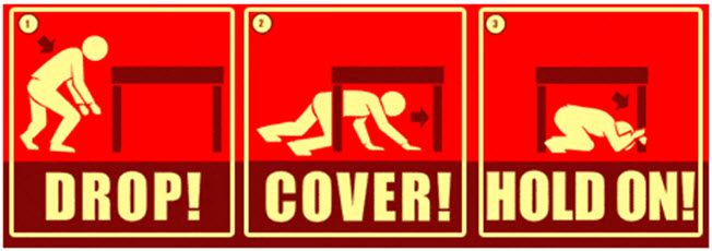 Drop! Cover! Hold On! - Three-step process showing a person crawling under a table and covering head with arms.